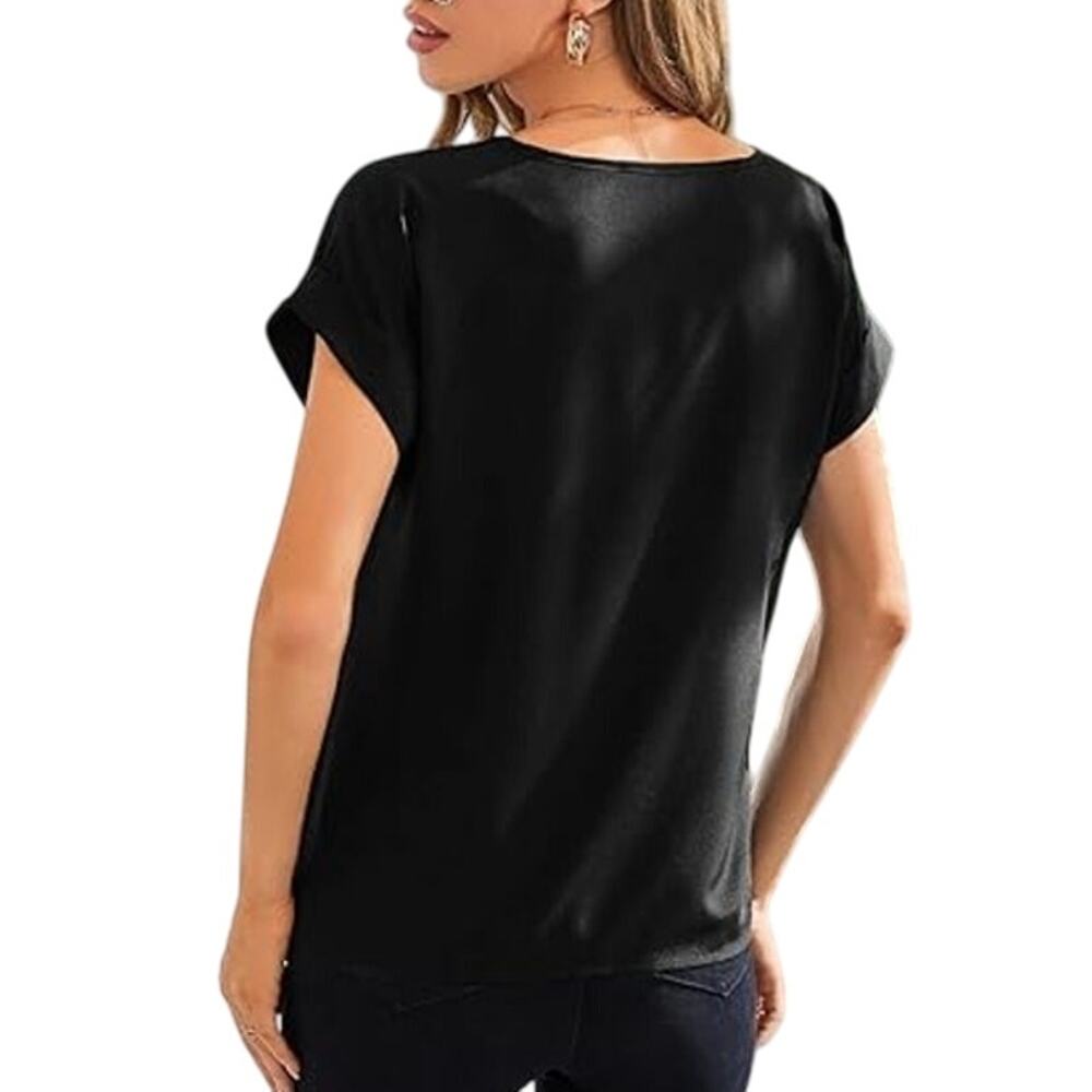 NARECTE Casual Blouse Round Neck Rolled Cuff Sleeve Lightweight Black Womens L - Picture 2 of 7